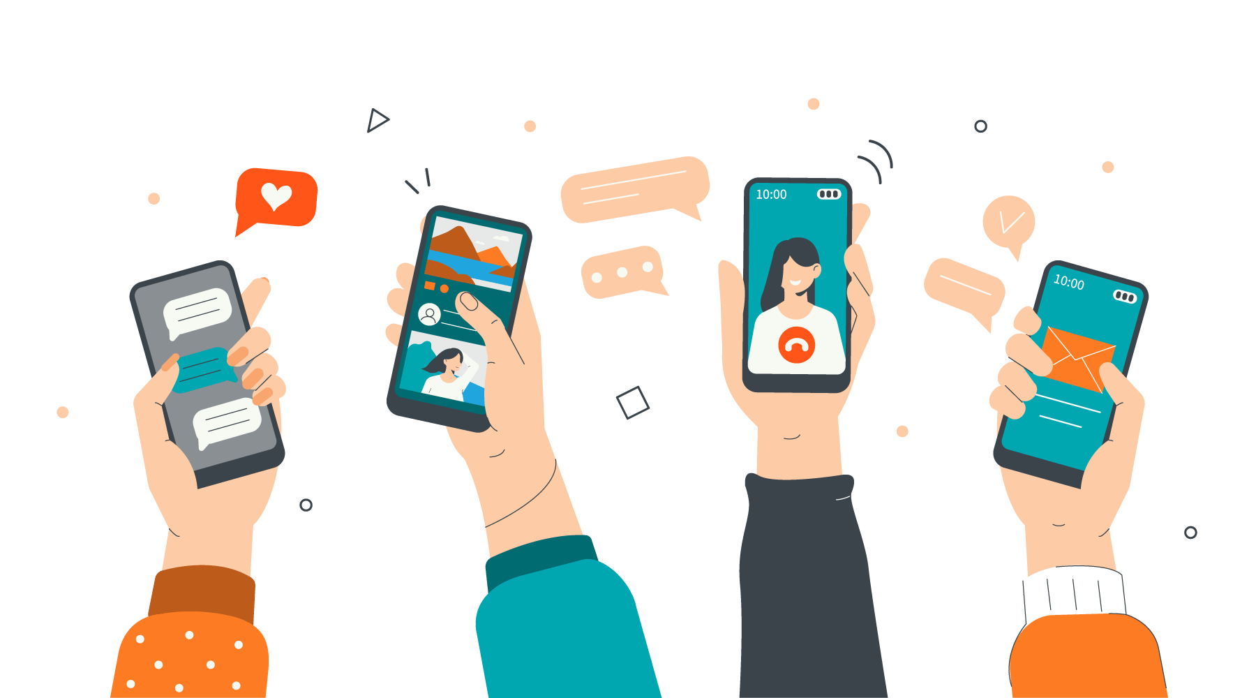 Flat vector image of four arms holding up smart phones. 