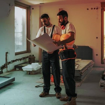 Full length of construction workers analysing blueprints in the apartment.